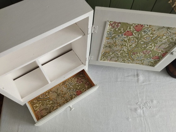 Image 1 of White Painted Wooden Medicine Cabinet - William Morris Interior Wallpaper