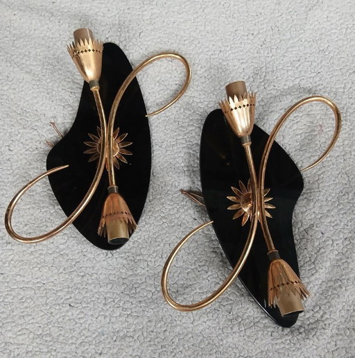 Applique da parete vintage anni '50, ottone dorato e metallo nero, stile retrò