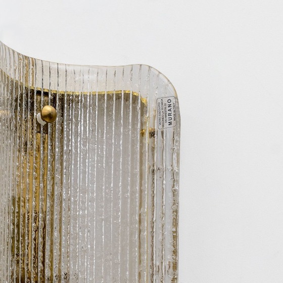 Image 1 of Pair of Curved Clear Ribbed Murano Glass and Brass Wall Sconces