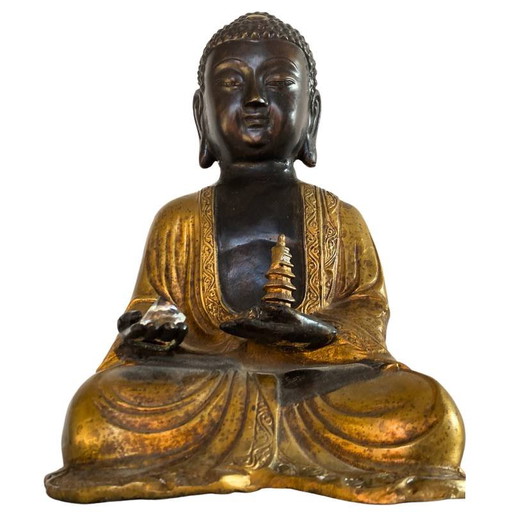 Lote 189 – Buda Amitabha de bronce con estupa original y cristal – Nepal Himalaya