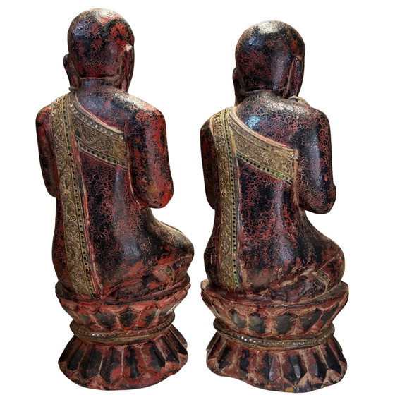 La Coppia Sangha – Antiche Immagini di Tempio Birmane con Provenienza da Galleria – ca. 1870 – Sculture (photo 6 of 10)
