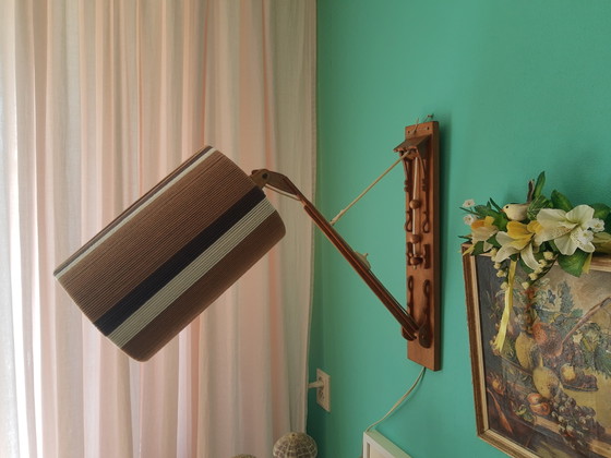 Image 1 of Unique original 70s 3-position fold-out wooden wall lamp with original lampshade