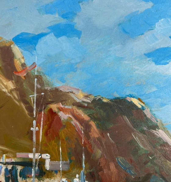 Image 1 of Pintura al óleo original: Paisaje marino y montañoso con barcos en el ferry.