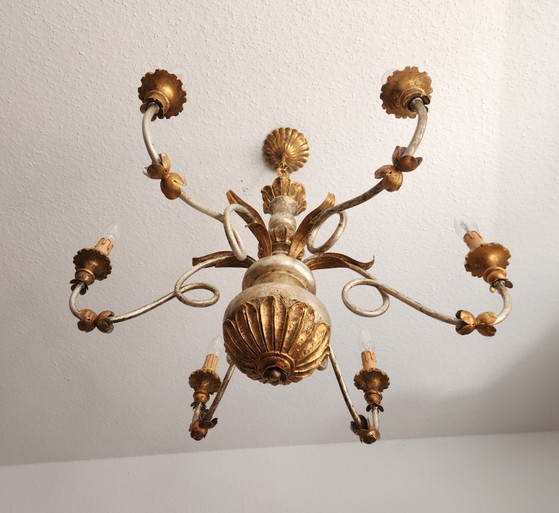 Lámpara de araña antigua, dorada, plateada, de madera - Estilo rococó Luis XV florentino, Italia (photo 7 of 15)