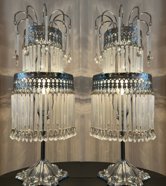 Image 1 of Set Of 2 Vintage Crystal Table Lamps Opaline Glass