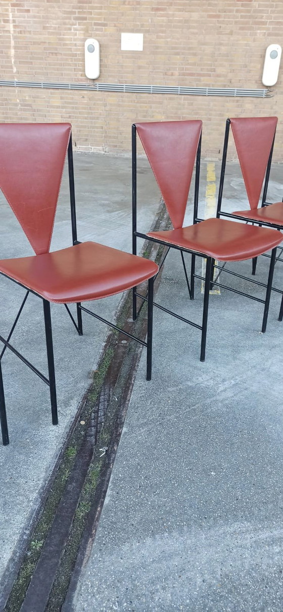 Image 1 of 4 x Vintage Postmoderne Leren Eetkamerstoelen