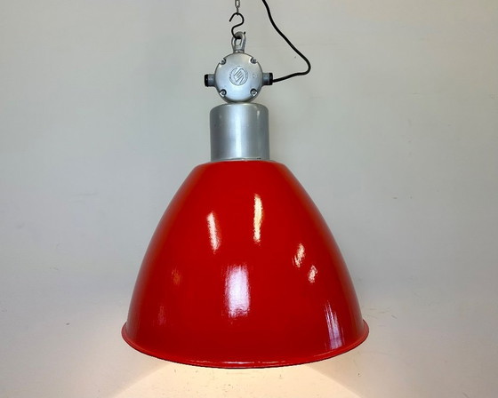 Image 1 of Large Red Painted Industrial Factory Lamp from Elektrosvit, 1960s