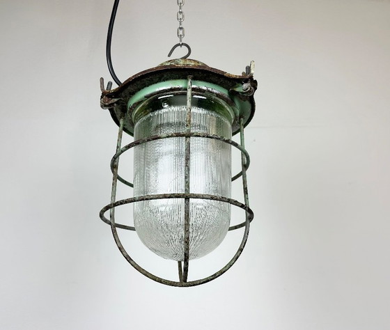 Image 1 of Green Industrial Soviet Bunker Pendant Light with Iron Grid, 1960s