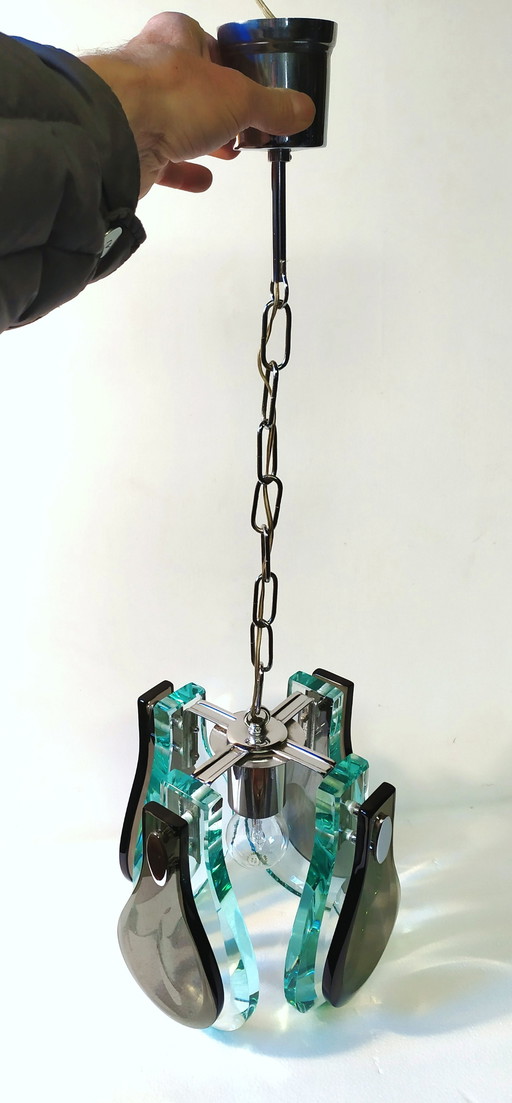Vintage glass and chrome steel pendant lamp, Italy 1970