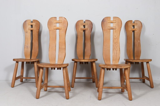 Set of 5 / Brutalist chairs / Dining chairs by De Puydt, oak, Belgium, 1970s