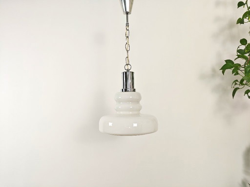 Vintage White Opaline Glass Pendant Light / 1970s Yugoslavian Mid Century Modern Hanging Lamp by EMI / Space Age Ceiling Light