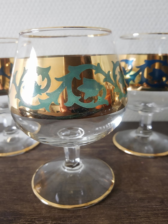 Image 1 of Prachtige 60's vintage brandy whisky whiskey cognac glazen met bladgouden randen en blauwe details