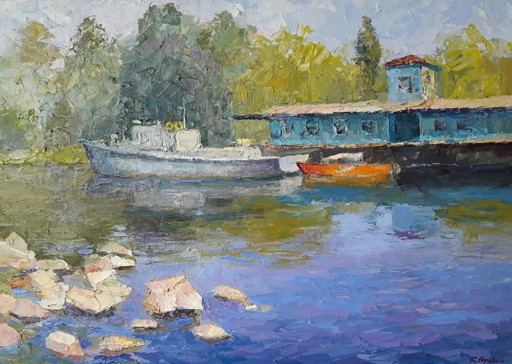 Pintura al Óleo Original Paisaje Fluvial Verano Naturaleza Barco en el Muelle Atracadero en el Dniéper