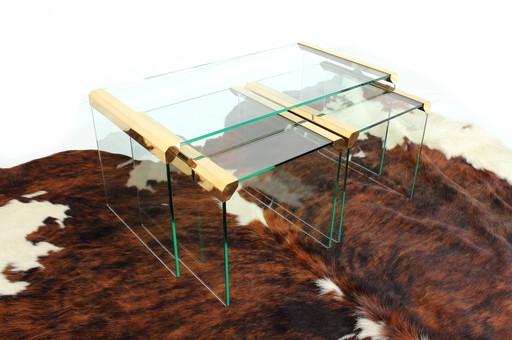 As New! Gallotti & Radice T35 R Coffee Table Set, Gold Edition, Set of Tables, Italy 1975, Crystal Glass