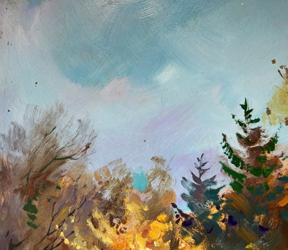 Image 1 of Pintura al óleo original Paisaje de pueblo nevado Montones de nieve invernales cerca de la casa