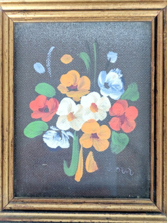 Image 1 of Pair of Small Italian Oil Paintings, Floral and Landscape, Gilded Wood Frames, Signed