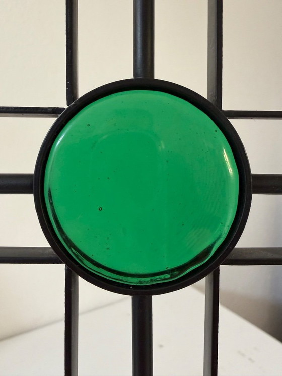 Image 1 of Gunnar Ander (attribuito) per Ystad-Metall – Candelabro in ferro battuto con vetro arancione e verde, Svezia, anni '60