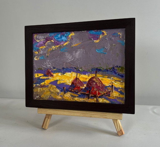 Original Oil Painting Autumn Field Landscape Autumn golden fields
