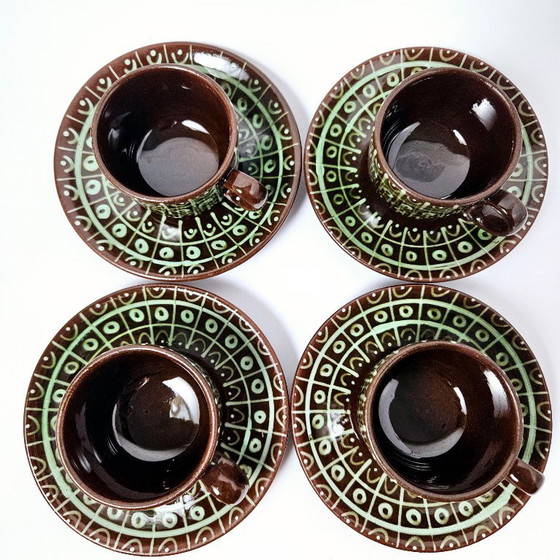 Image 1 of Mid-century set of 4 coffee cups with saucers | Amazing vintage hungarian espresso pottery | Unique hand-painted ceramic