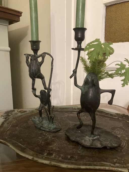 Bougeoirs en bronze vintage, grenouilles de collection