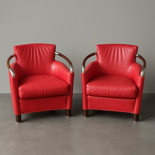 Set of 2 Giorgetti "Progetti" armchairs in red leather - Italian design - numbered custom edition