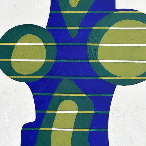 Image 1 of Vintage painting. Egon Peter Moosmann. Female torso. Op Art. 1970s. Hand-signed. Dated. Mid-Century Modern.