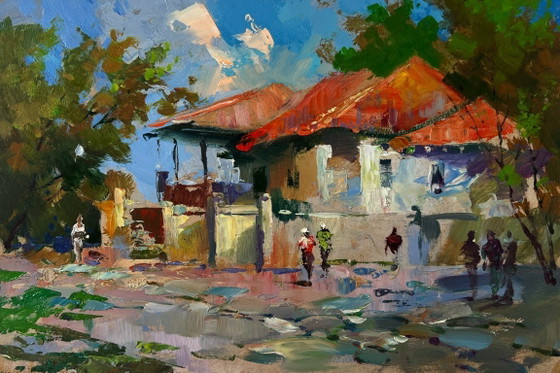 Image 1 of Original Oil Painting Summer House Landscape Building in the heart of the city