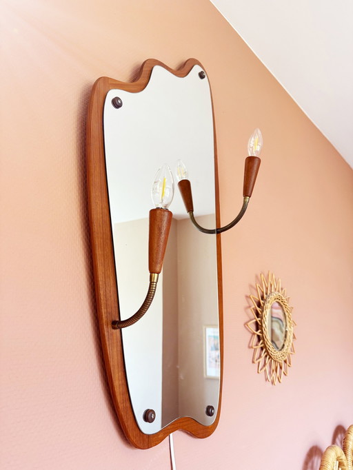 Mid-century Danish Teak Mirror with Lighting