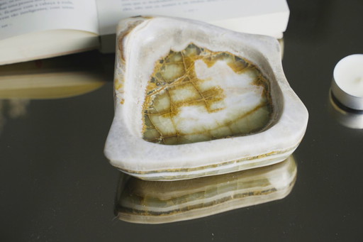 Vintage Onyx Ashtray Dish Natural Stone Catchall Jewelry Tray Handcrafted Yellow Green Banded Onyx Trinket Bowl