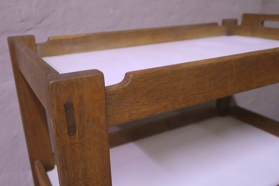 Brutalist Scandinavian Bar Cart / Serving Trolley in Solid Oak, 1950s-60s – Wood (photo 5 of 14)