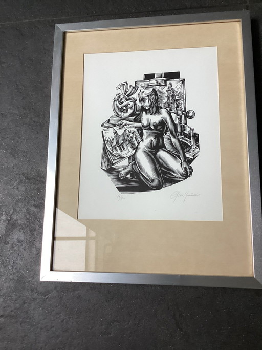 Prachtige houtgravure Guido Mariman  (74/500. Muze en de plastische kunsten. Met de hand gesigneerd 