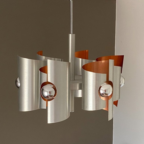 Image 1 of Polam Bielsko chandelier. 1970. Space age. Brushed stainless steel.