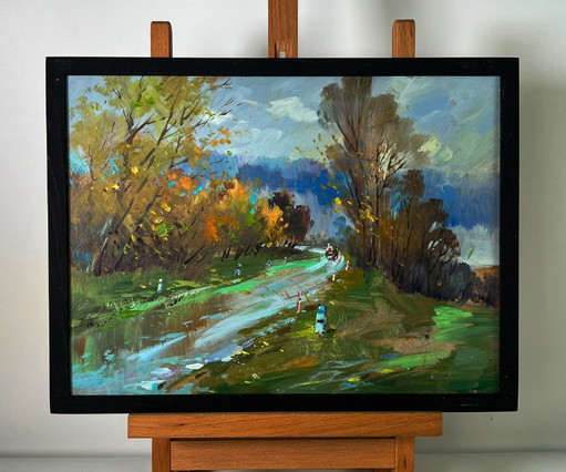 Peinture à l'huile originale représentant un paysage naturel, une route et un temps d'automne en forêt.
