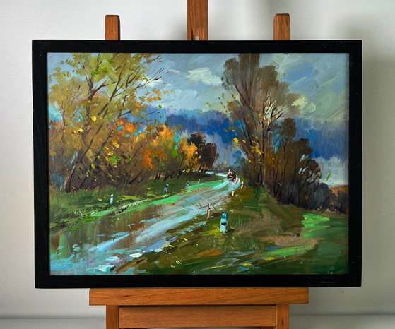 Image 1 of Peinture à l'huile originale représentant un paysage naturel, une route et un temps d'automne en forêt.
