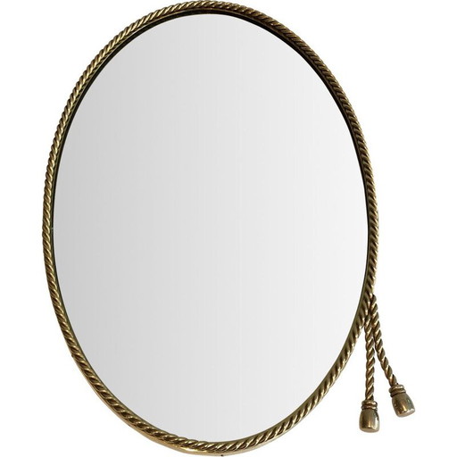 Miroir ovale en laiton entouré d'un cordon, France 1970