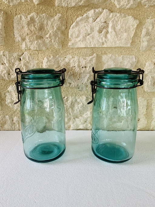 Pots en verre turquoise de Solidex, 1940s, ensemble de deux.