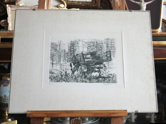 Image 1 of Renzo Vespignani, Italiano (1924 - 2001) - Camión en los suburbios, Año: 1956, Grabado, firmado y numerado a lápiz.