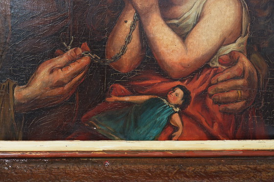 Image 1 of Peinture à l'huile flamande baroque du 19e siècle dans un cadre en bois ancien