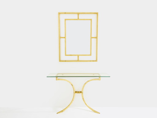 Roger Thibier Table console en fer forgé doré avec miroir 1960s