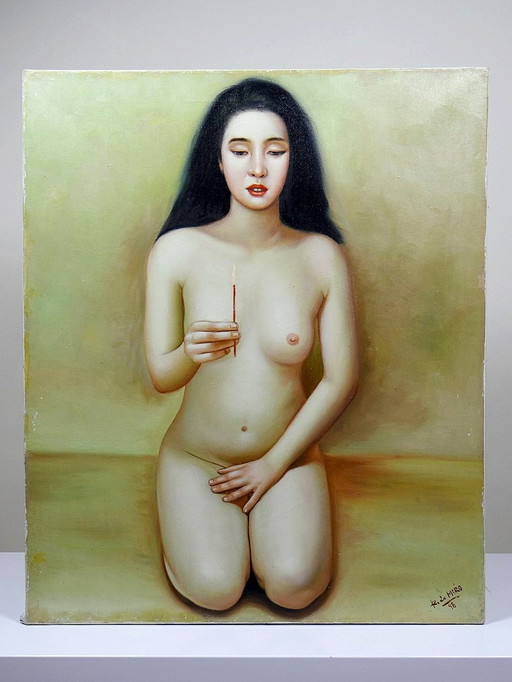 Large Nude Vintage Oil On Canvas Painting By Miro