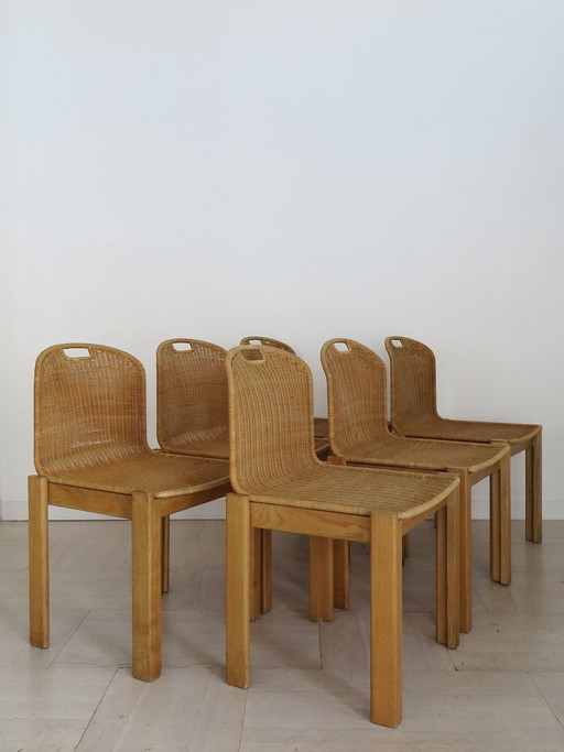 Chaises vintage en chêne et rotin de Luciano Bertoncini pour Bellato, années 70, lot de 6