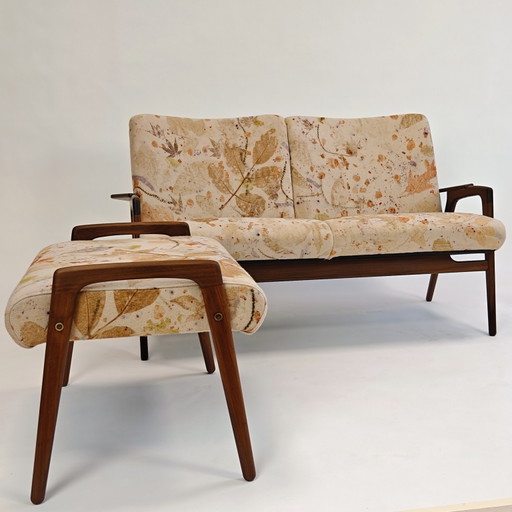 Pastoe/ Yngve Ekström Ruster Sofa mt07 und Fußhocker pt08 in Ecoprint von Pinky's Atelier, vollständig restauriertes Holz