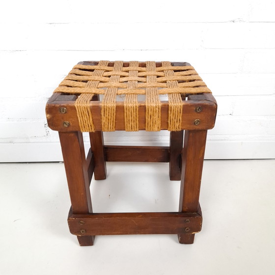 Image 1 of Vintage brutalist krukje touw zitting / hout jaren 50/60