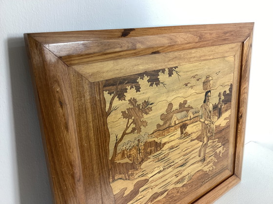 Image 1 of Vintage inlaid wood panel with an oriental image