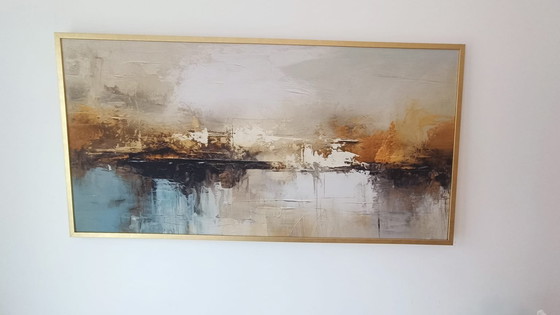 Image 1 of Abstract Lake with Gold Frame 75 x 150 cm