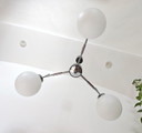 Vintage Chandelier With Opal Glass Globes / Mid Century Modern 3-Arm Pendant Light / Chrome Retro Ceiling Lamp 1960s