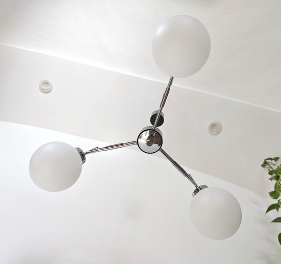 Image 1 of Vintage Chandelier With Opal Glass Globes / Mid Century Modern 3-Arm Pendant Light / Chrome Retro Ceiling Lamp 1960s