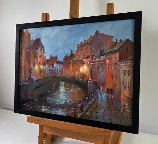 Original Oil Painting Evening Bridge Landscape Streets of the city at night