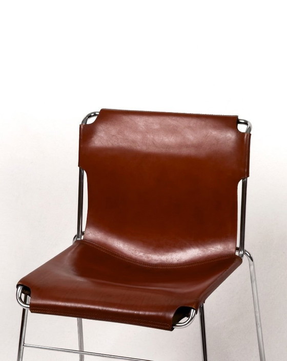 Image 1 of 4x vintage modernistische Italiaanse buisvormige chromen en leren stoelen, jaren 70