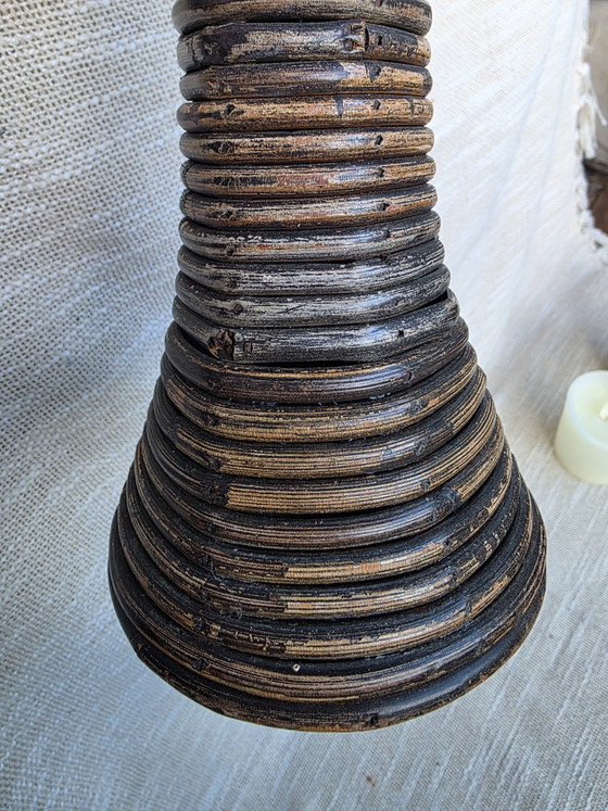 Vintage Handmade Stacked Rattan Pillar Candle Holder – 70s Boho Chic (42 cm) (photo 3 of 10)